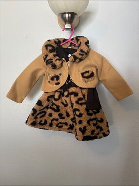 Cute Leopard Faux Fur Baby Dress & Coat Set - Camel/Black